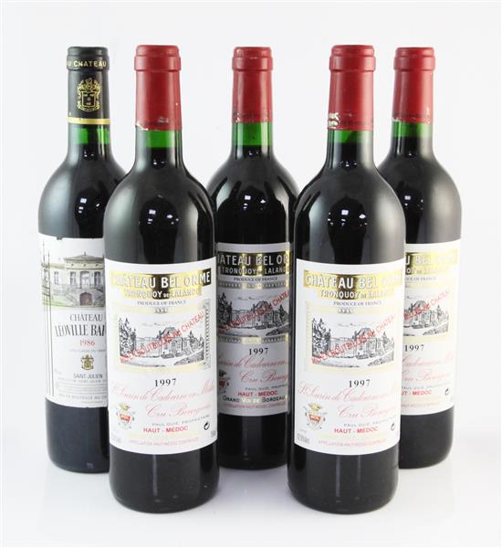 Five bottles including one Chateau Leoville-Barton 1986, St. Julien,